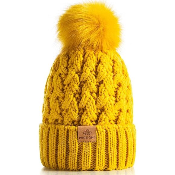 Women’s Yellow Winter Ribbed Beanie Hat Chunky Cable Knit Pompom Warm main image 4